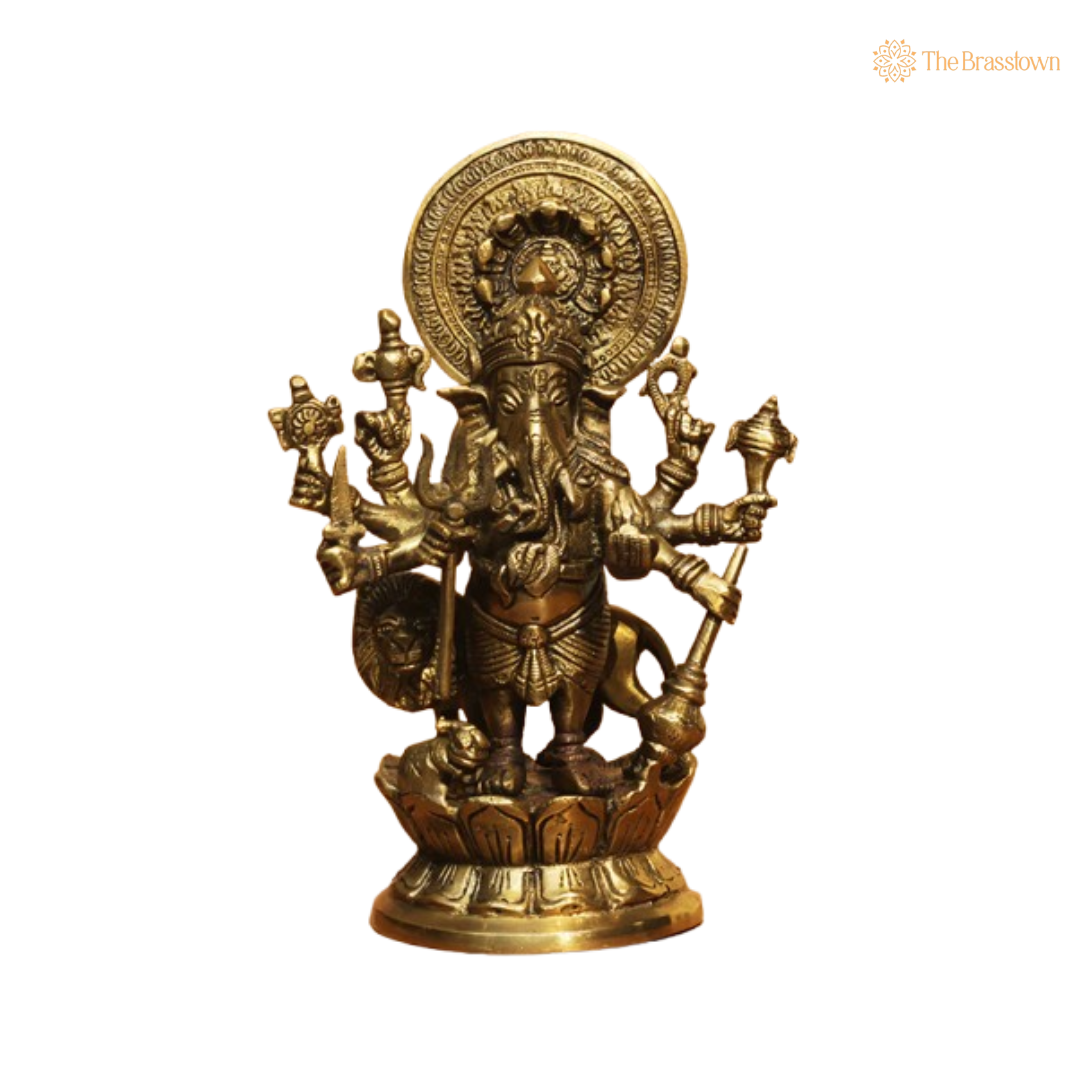 Handcrafted Brass Ashta-Bhuja Ganesha Statue 9 Inch
