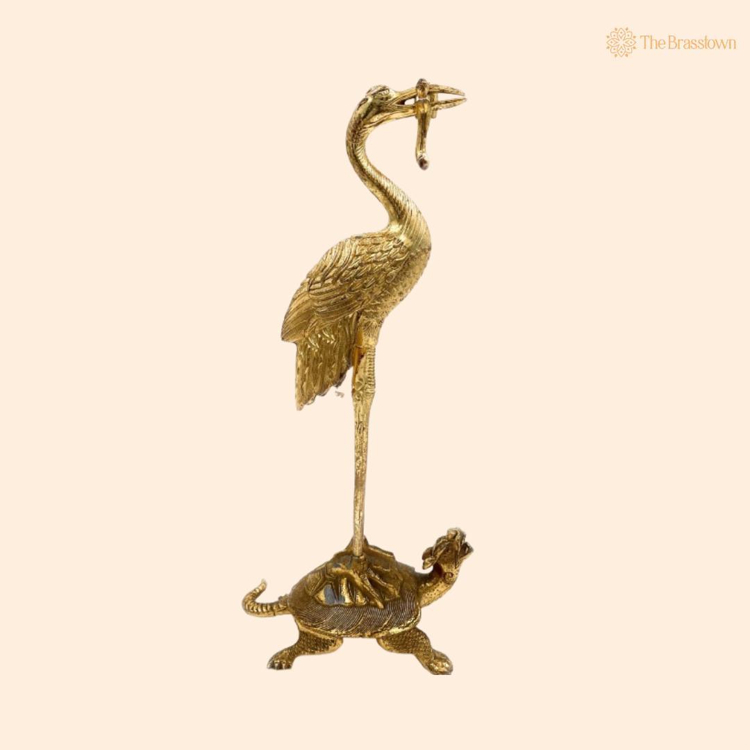 Handcrafted Brass Crane and Turtle Sculpture 10.5 Inch