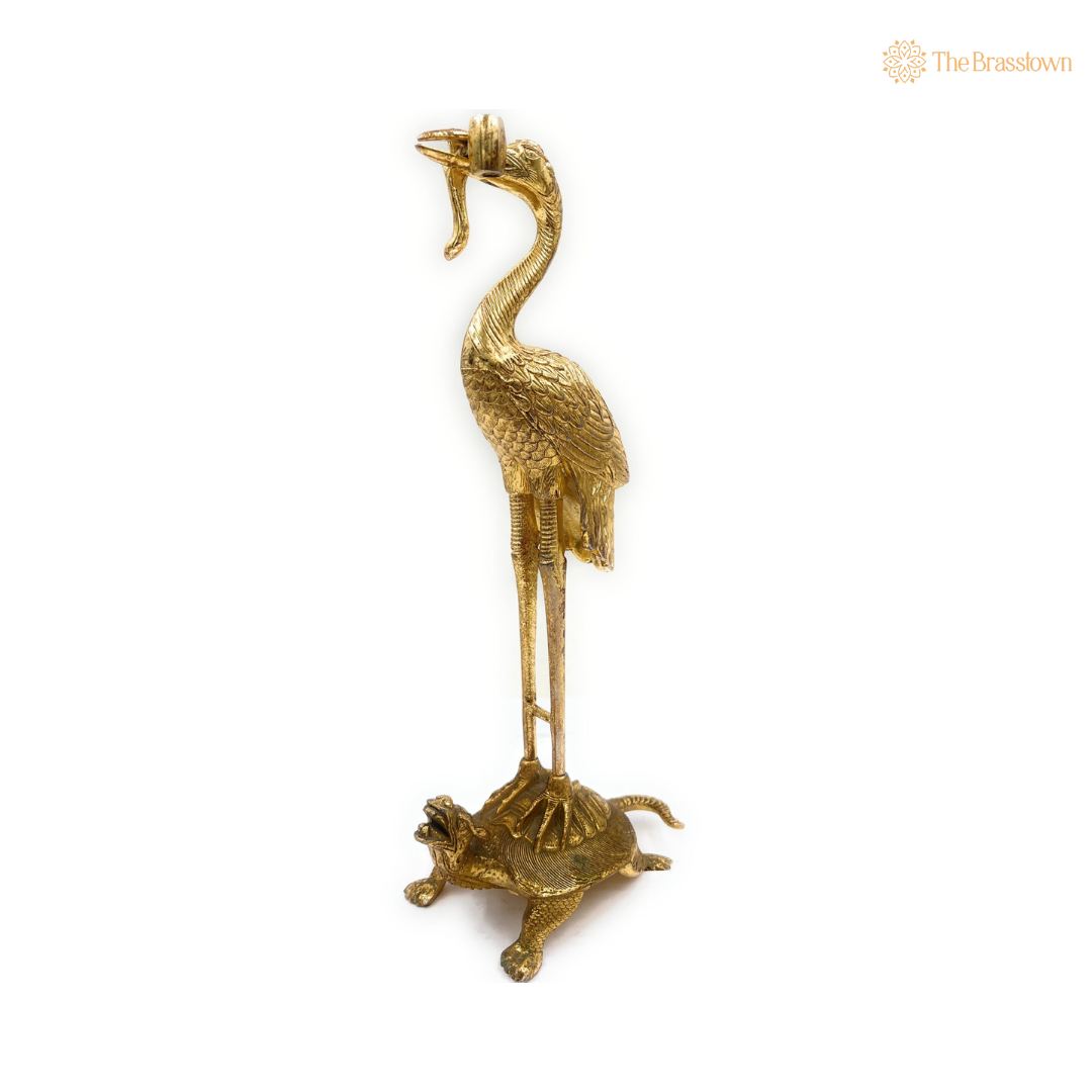 Handcrafted Brass Crane and Turtle Sculpture 10.5 Inch