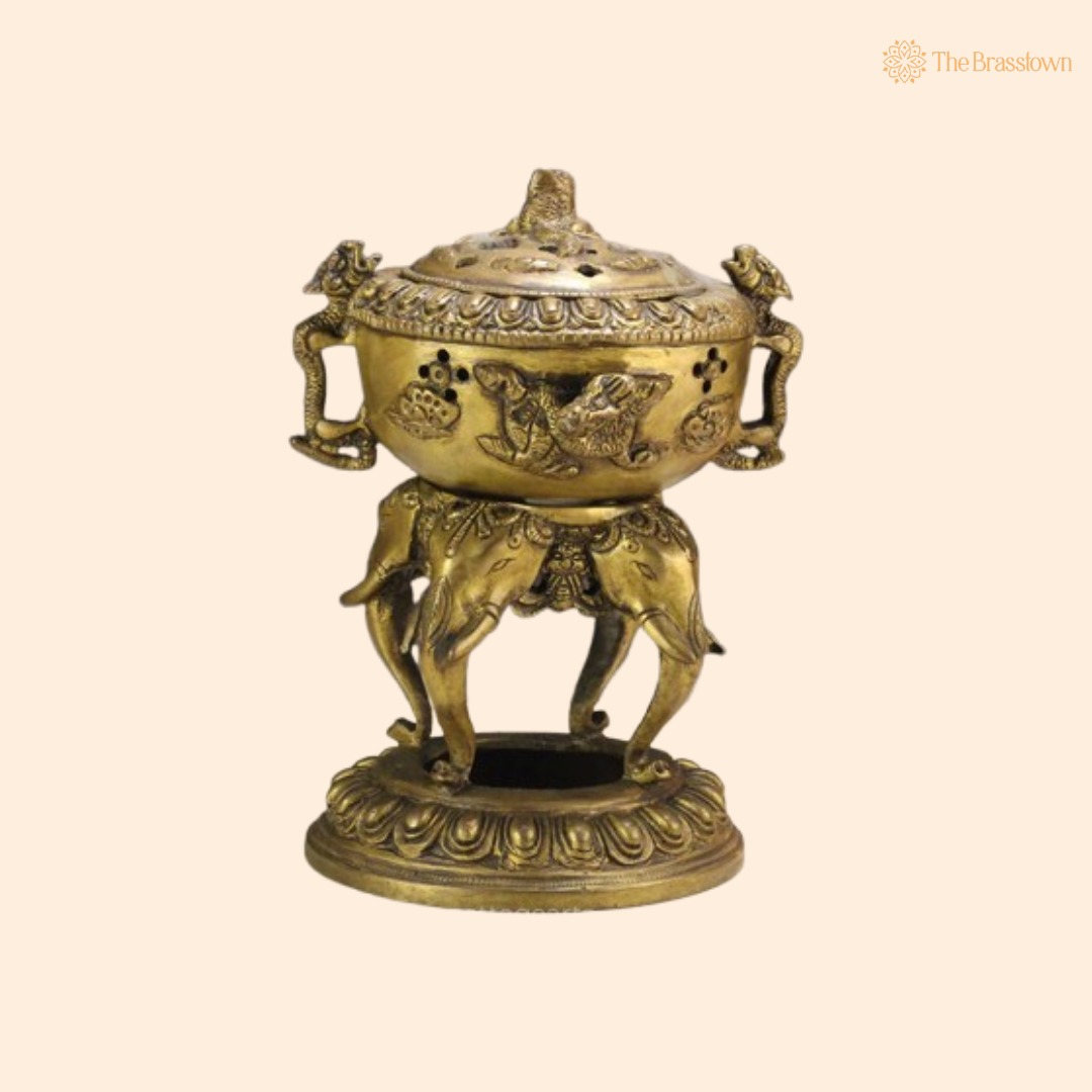 Handcrafted Brass Elephant Base Dhoop Dani 7.5 Inch