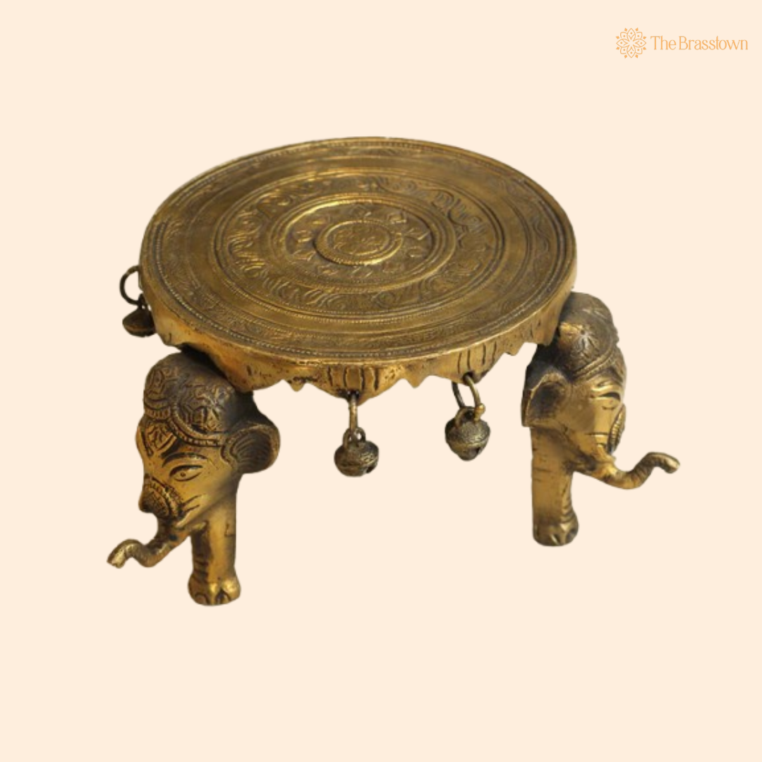 Handcrafted Brass Elephant Pooja Chowki with Bells 6 Inch