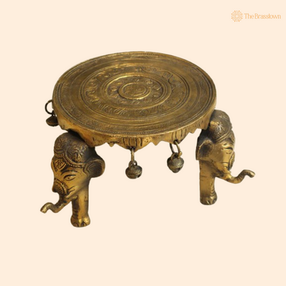 Handcrafted Brass Elephant Pooja Chowki with Bells 6 Inch