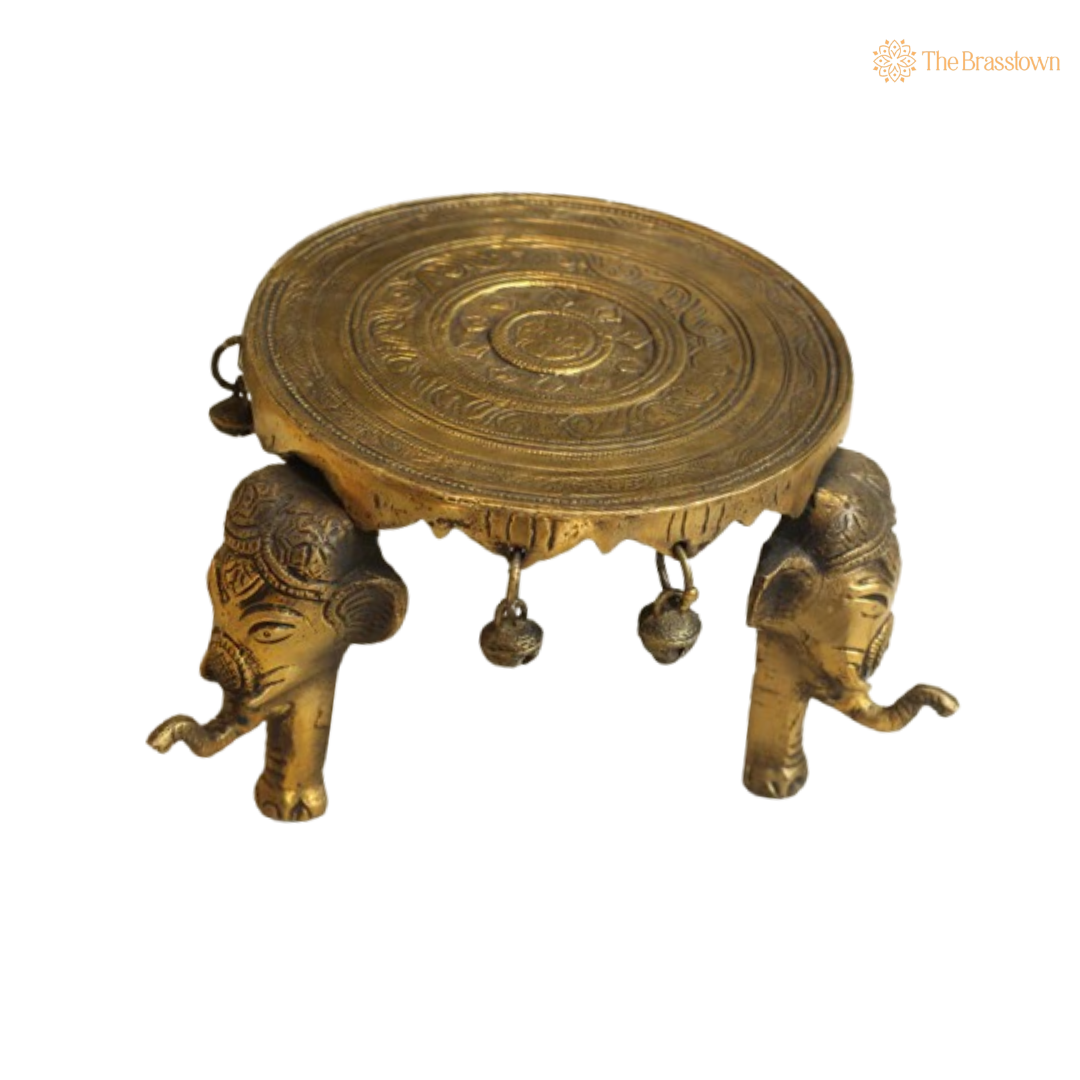 Handcrafted Brass Elephant Pooja Chowki with Bells 6 Inch