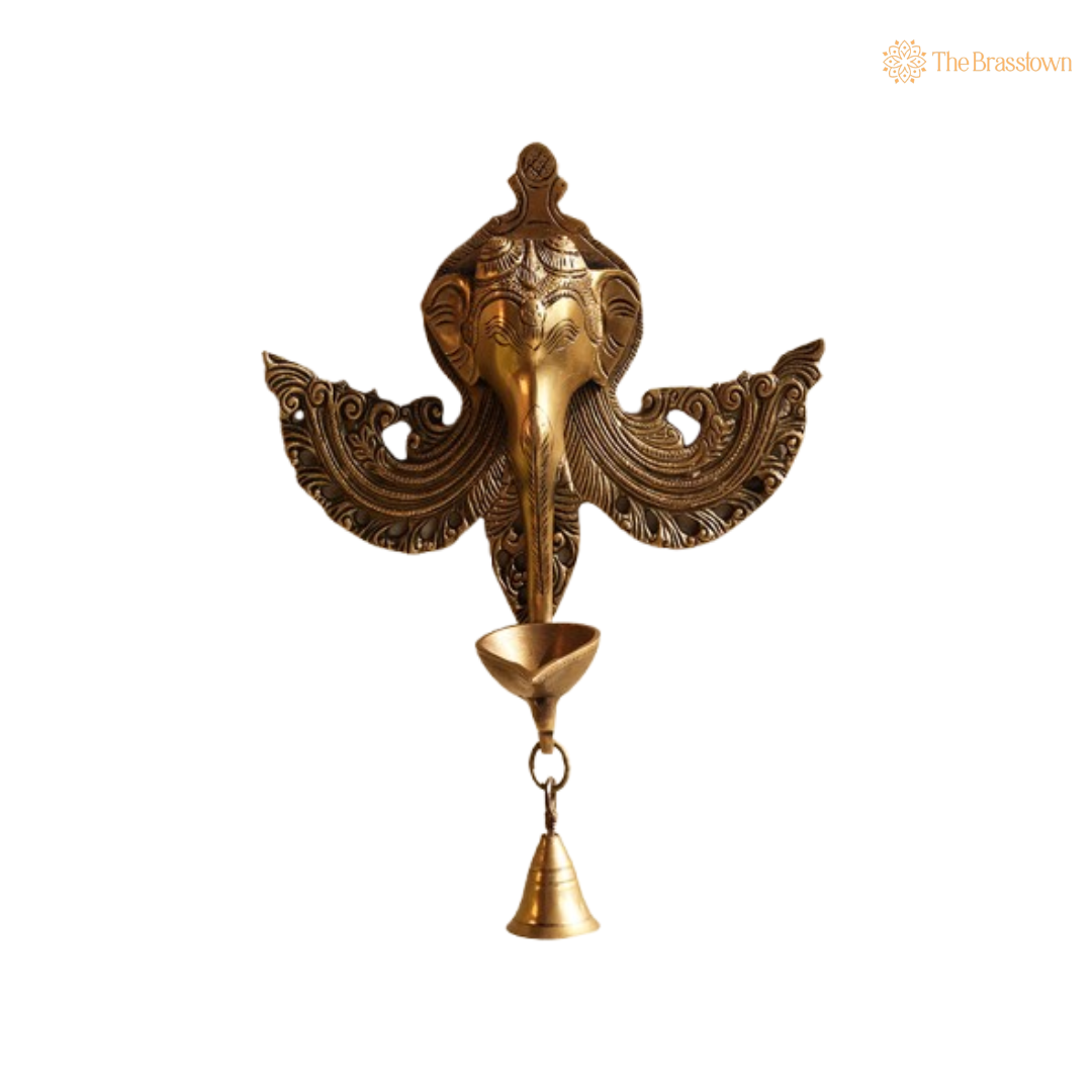 Handcrafted Brass Ganesha Wall Hanging Oil Lamp with Bell 11 Inch
