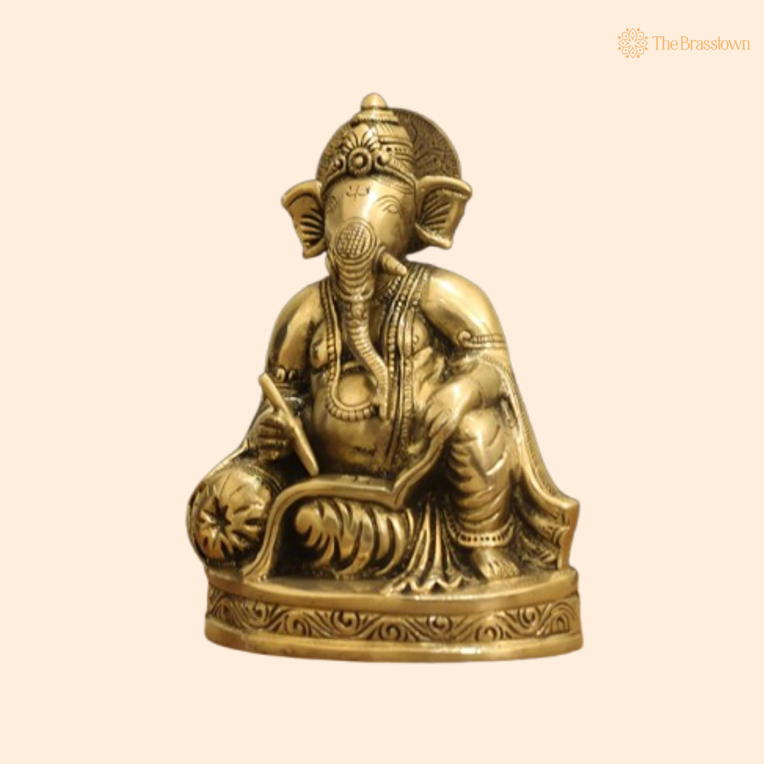 Handcrafted Brass Ganesha in Writing Pose 7.5 Inch