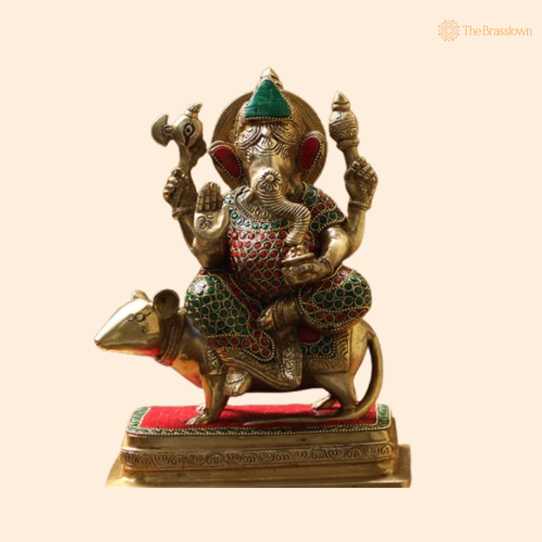 Handcrafted Brass Ganesha on Mouse with Enamel Work 10 Inch