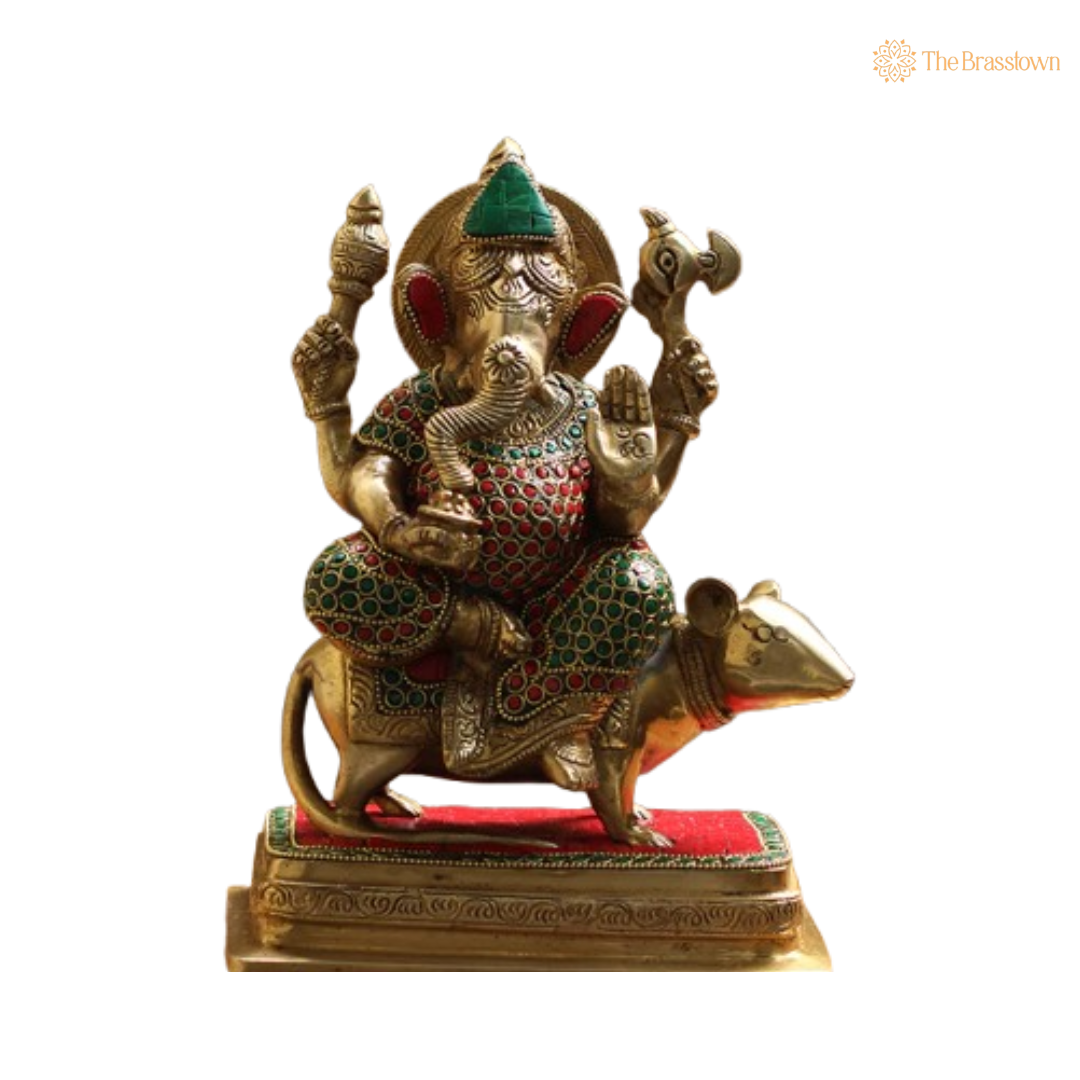 Handcrafted Brass Ganesha on Mouse with Enamel Work 10 Inch