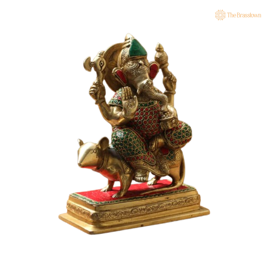 Handcrafted Brass Ganesha on Mouse with Enamel Work 10 Inch
