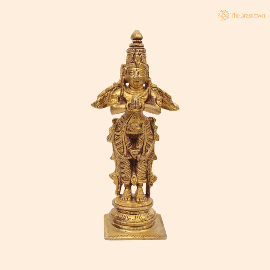 Handcrafted Brass Garuda Idol – The Devoted Celestial Mount of Vishnu 5 Inch