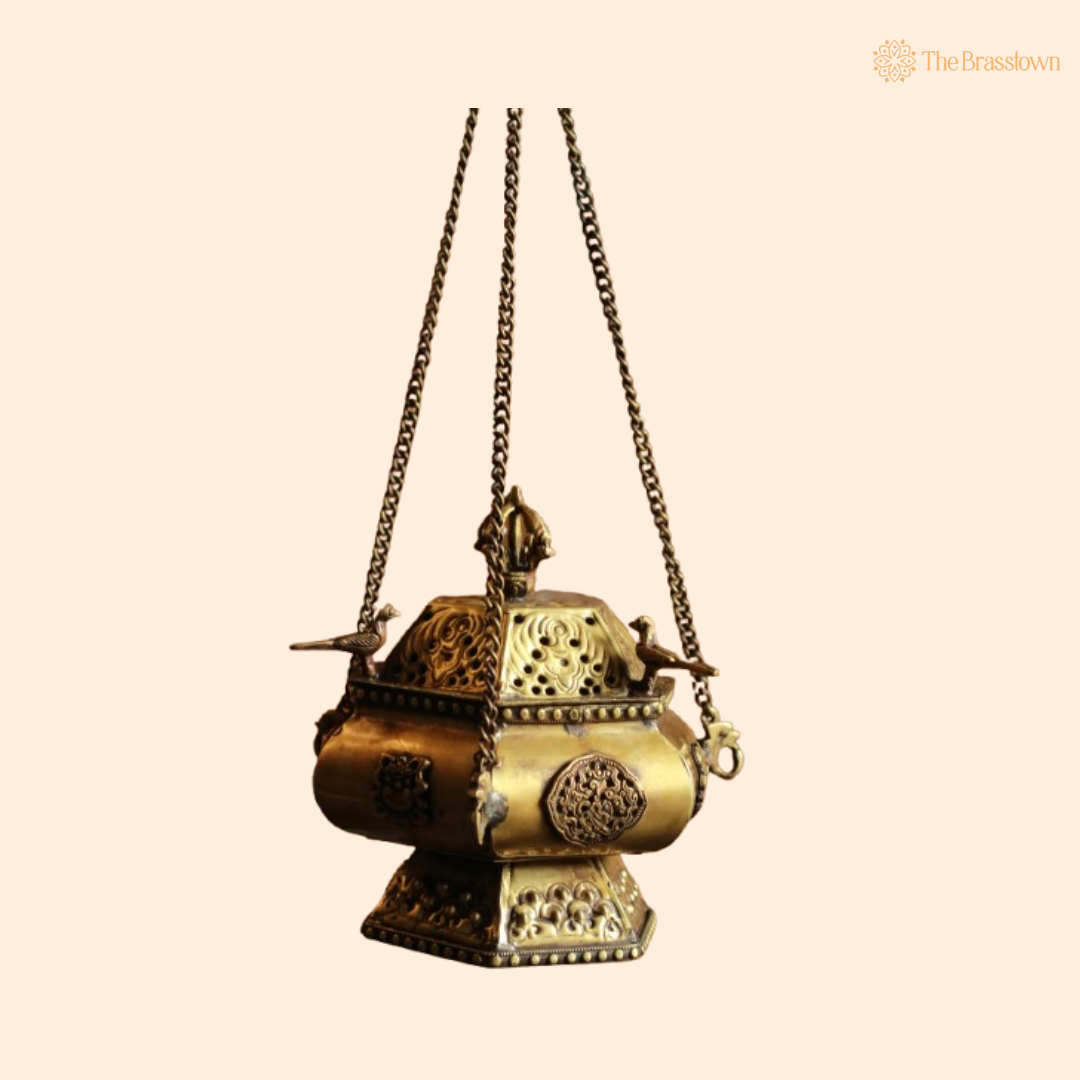 Handcrafted Brass Hanging Incense Burner (Dhoop Dani) 6 Inch