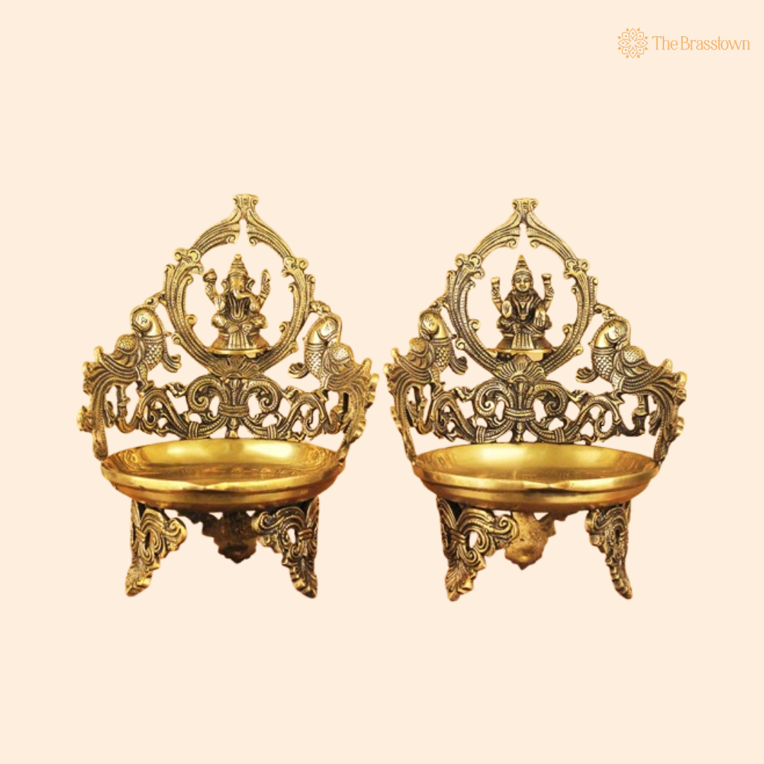 Handcrafted Brass Lakshmi and Ganesha Uruli Pair 11.5 Inch