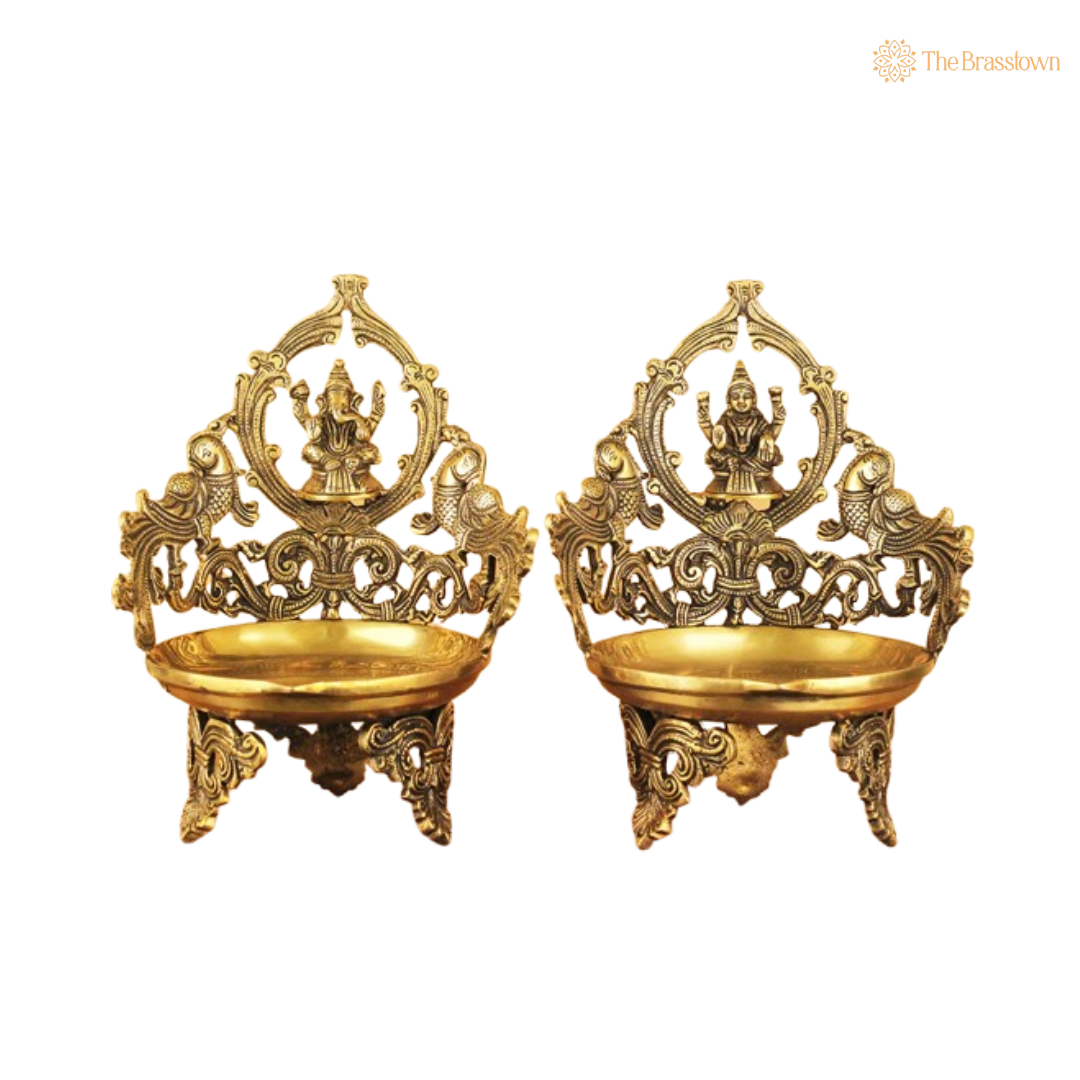 Handcrafted Brass Lakshmi and Ganesha Uruli Pair 11.5 Inch