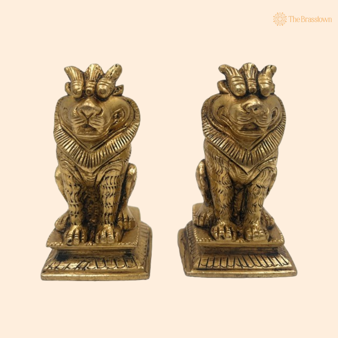 Handcrafted Brass Lion Statues (Pair) 3.5 Inch
