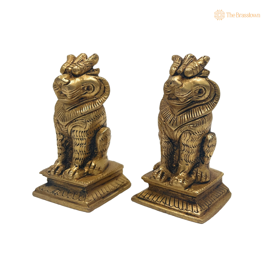 Handcrafted Brass Lion Statues (Pair) 3.5 Inch
