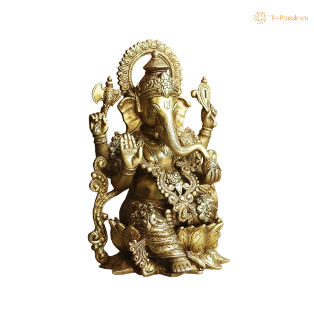 Handcrafted Brass Lord Ganesha on Lotus Statue 13 Inch