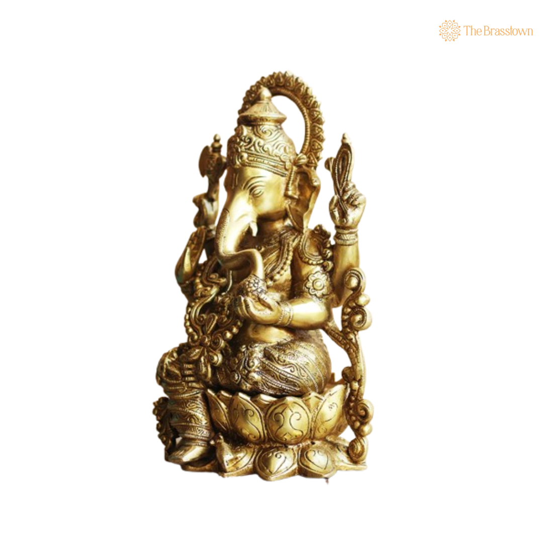 Handcrafted Brass Lord Ganesha on Lotus Statue 13 Inch