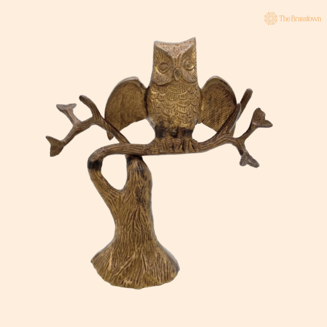 Handcrafted Brass Owl on a Tree Figurine 8 Inch