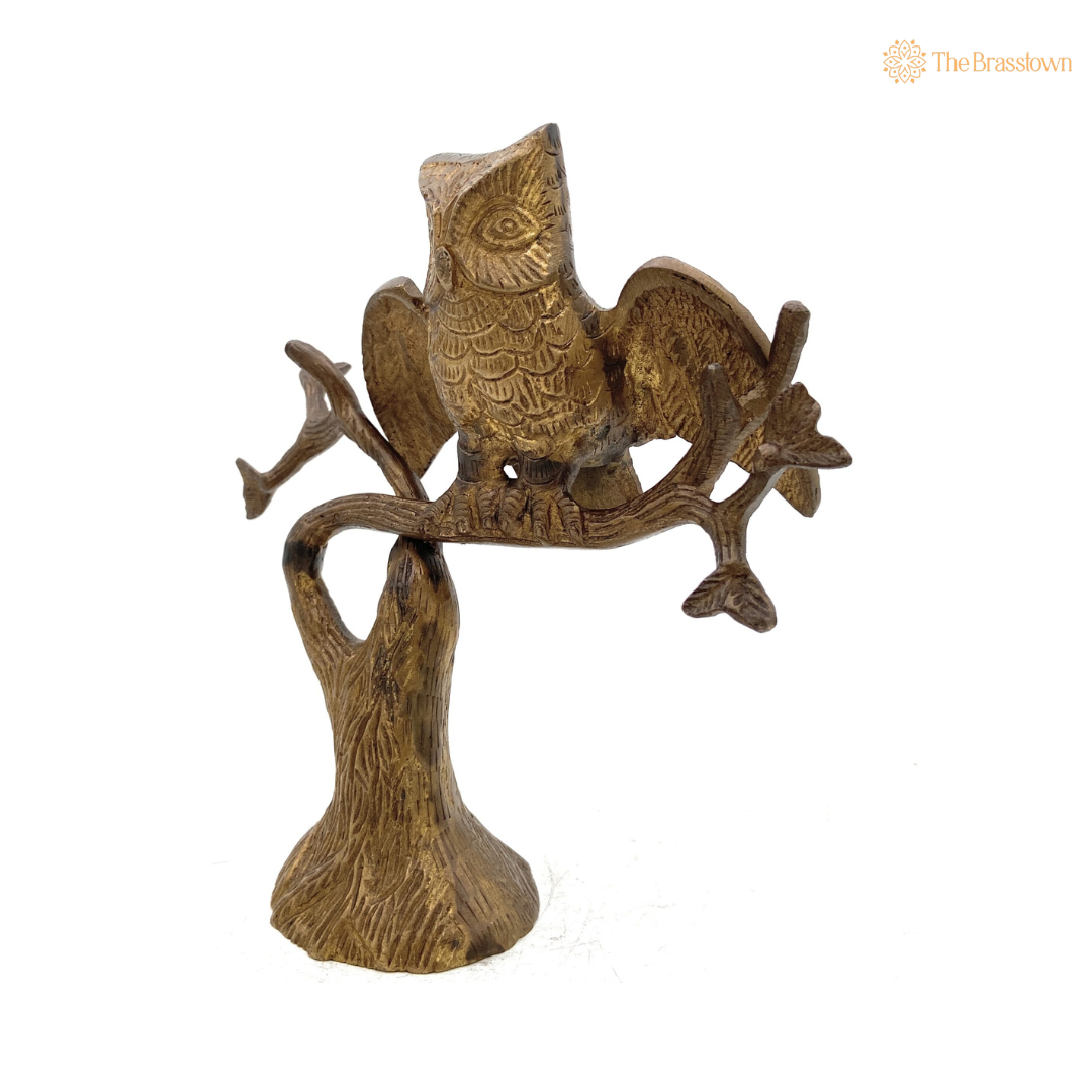 Handcrafted Brass Owl on a Tree Figurine 8 Inch