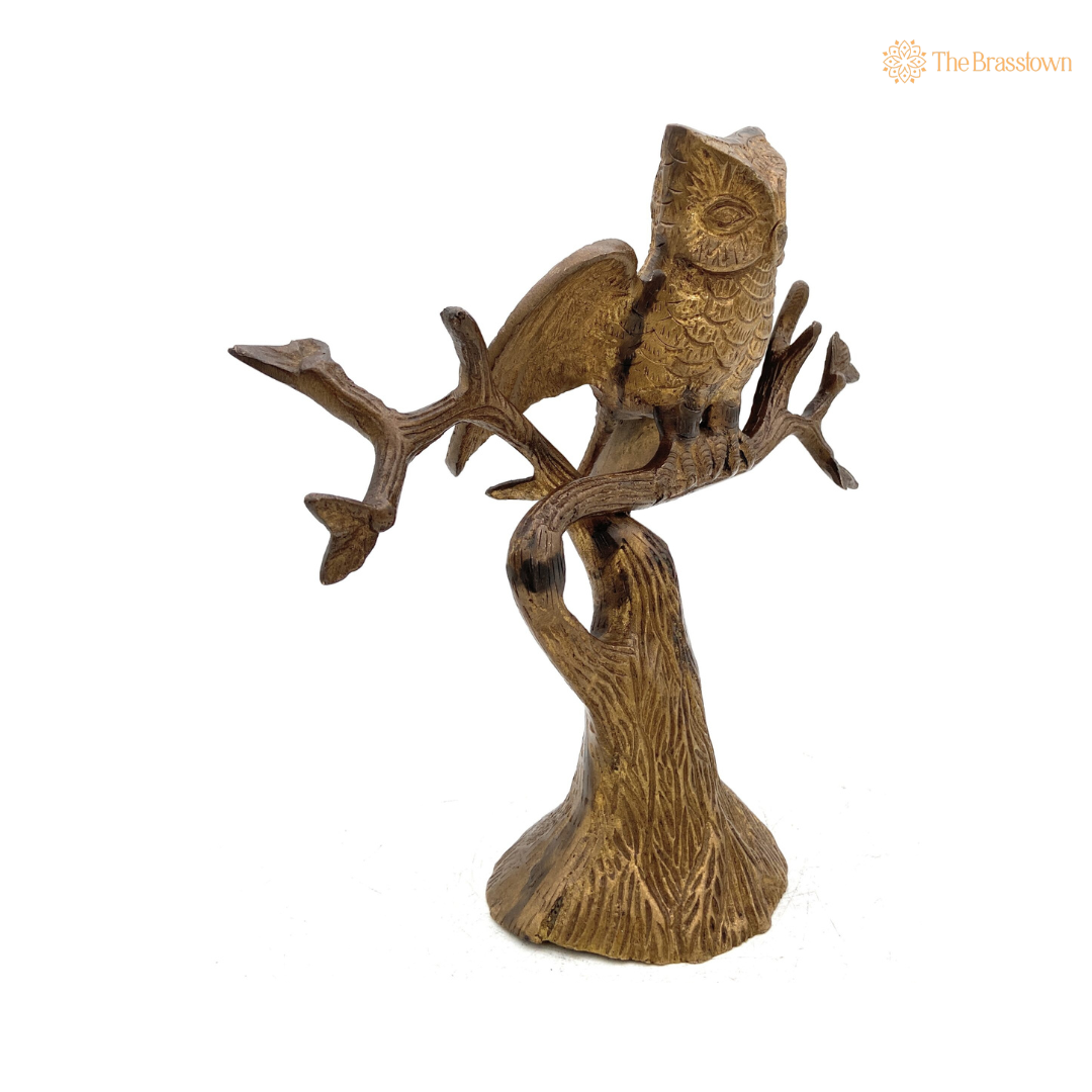 Handcrafted Brass Owl on a Tree Figurine 8 Inch