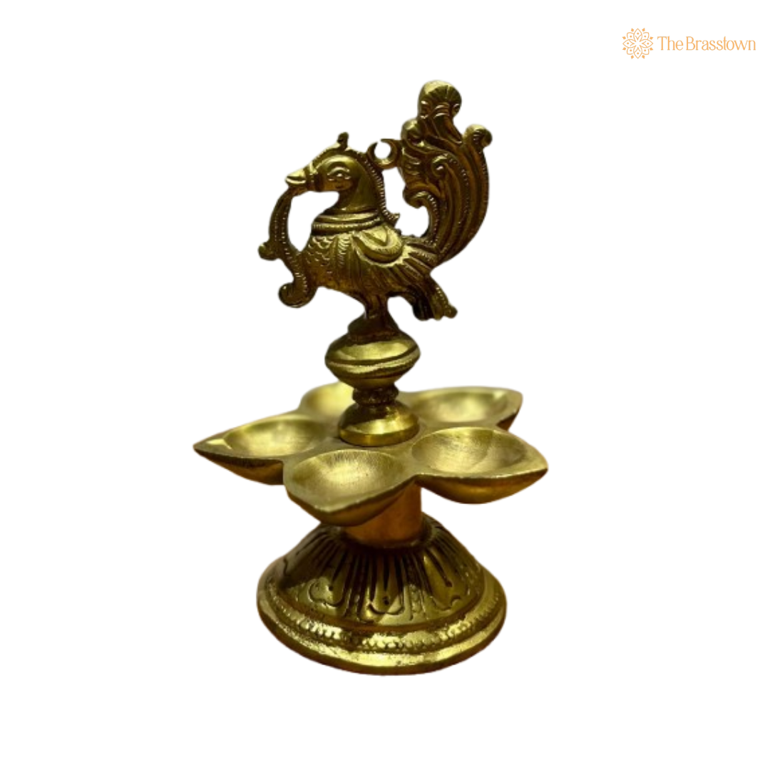 Handcrafted Brass Peacock Five-Wick Diya 5.75 Inch
