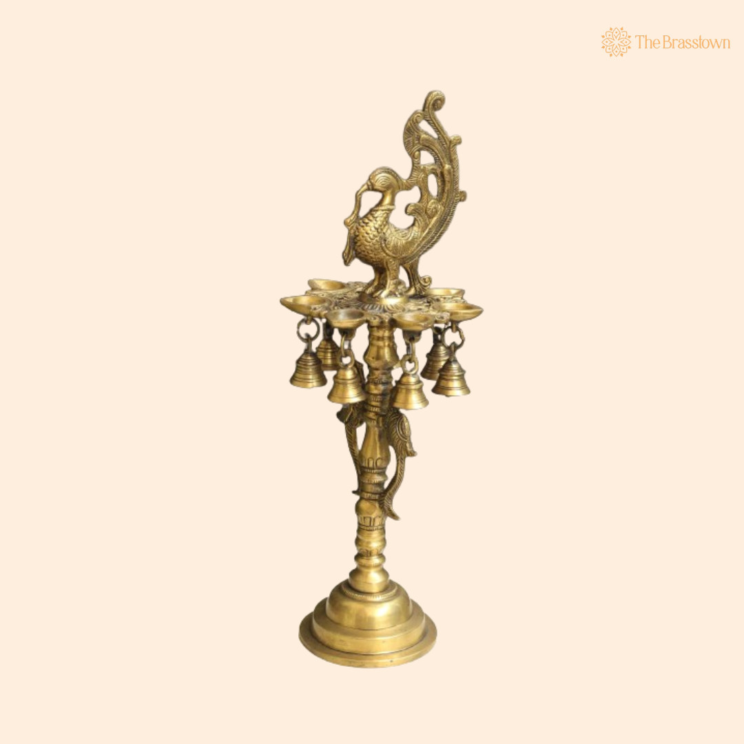 Handcrafted Brass Peacock Lamp with Bells 7 Inch