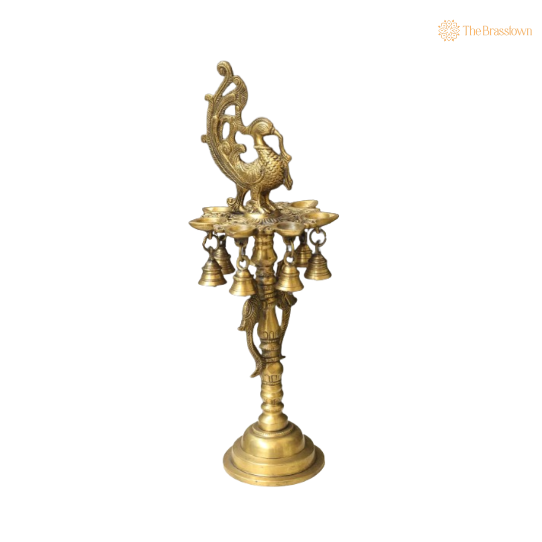Handcrafted Brass Peacock Lamp with Bells 7 Inch