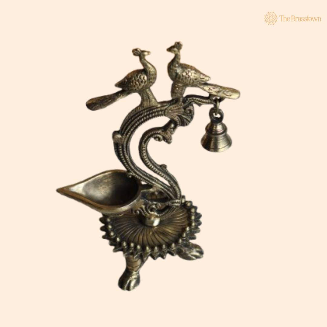 Handcrafted Brass Peacock Oil Lamp with Bell 11 Inch