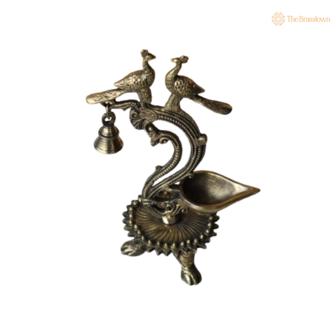 Handcrafted Brass Peacock Oil Lamp with Bell 11 Inch