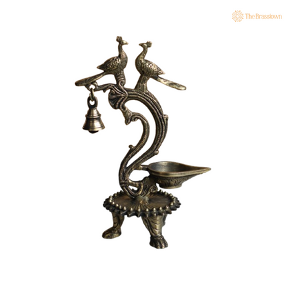 Handcrafted Brass Peacock Oil Lamp with Bell 11 Inch