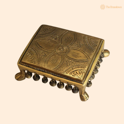 Handcrafted Brass Pooja Chowki with Decorative Bells 6.25