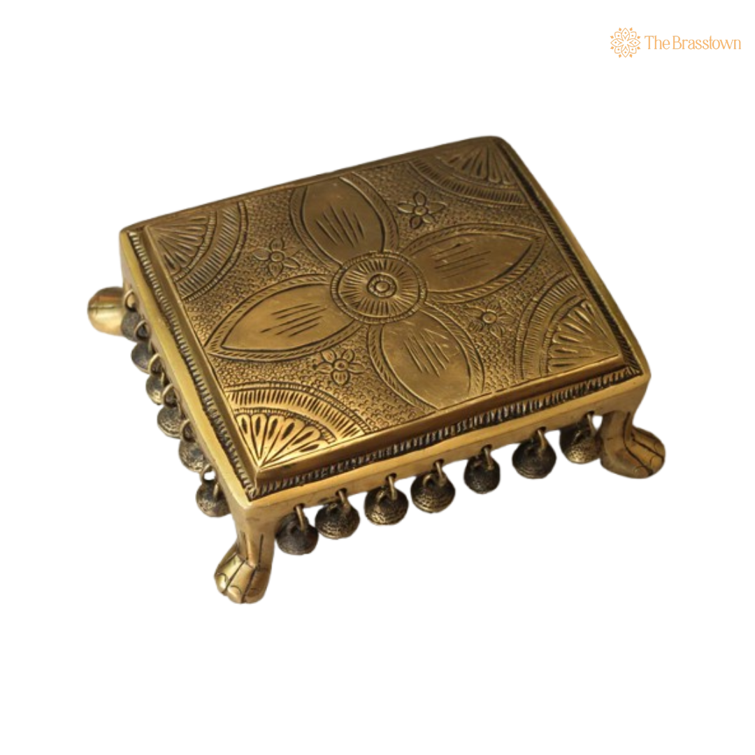 Handcrafted Brass Pooja Chowki with Decorative Bells 6.25