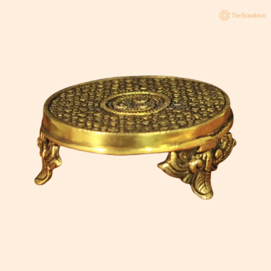 Handcrafted Brass Pooja Chowki with Ornate Floral Design 2 Inch