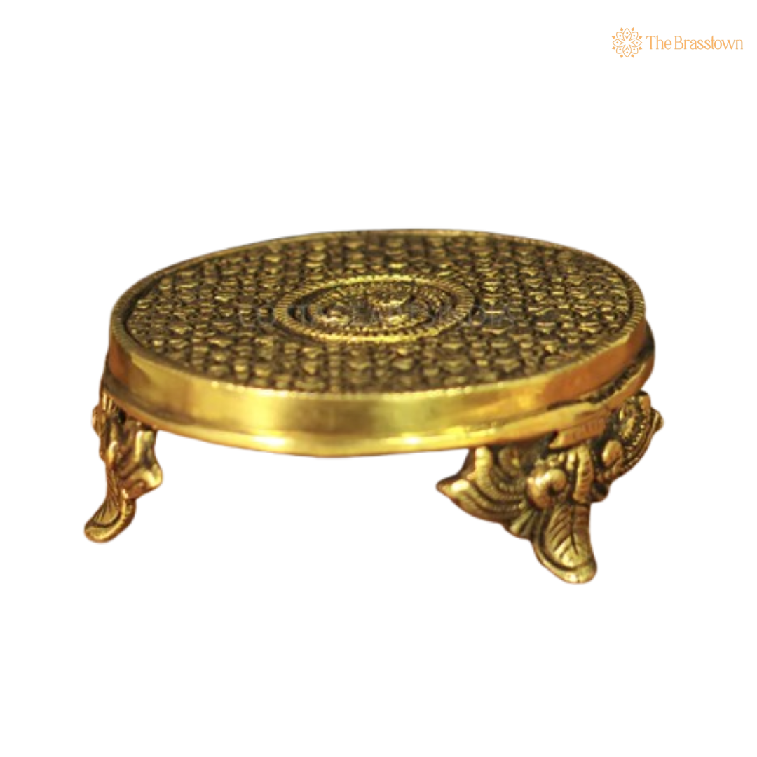 Handcrafted Brass Pooja Chowki with Ornate Floral Design 2 Inch