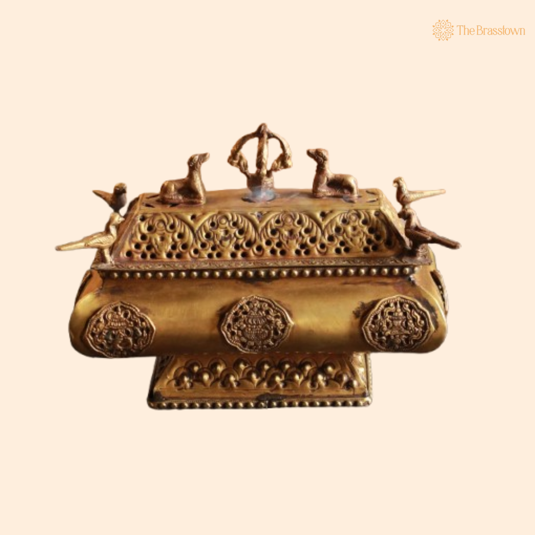Handcrafted Brass Rectangular Dhoop Dani with Decorative Figures 7.5 Inch