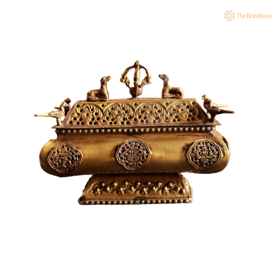 Handcrafted Brass Rectangular Dhoop Dani with Decorative Figures 7.5 Inch