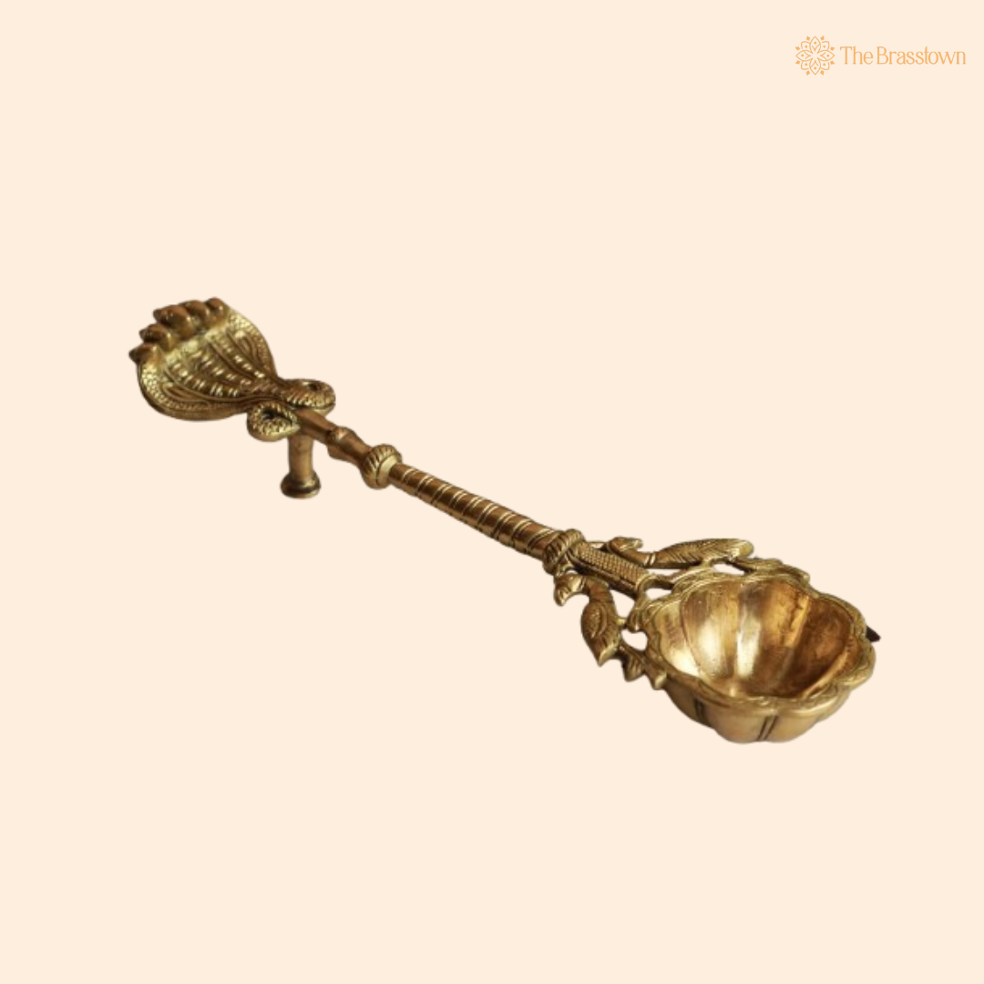 Handcrafted Brass Ritual Spoon with Ornate Design 17 Inch