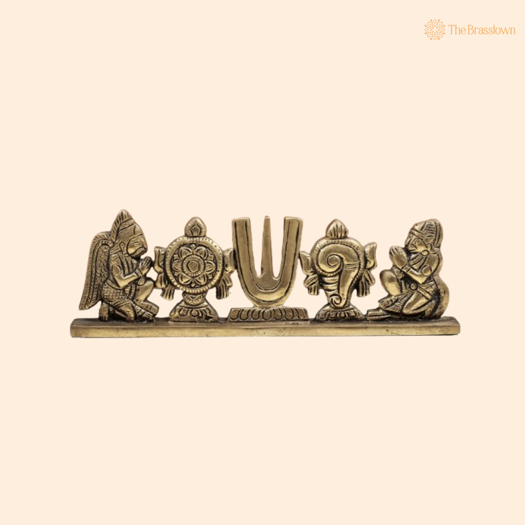 Handcrafted Brass Shankha Chakra Namam with Garuda and Hanuman Idol 2.5 Inch