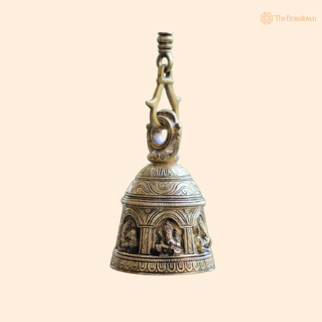 Handcrafted Brass Temple Bell with Intricate Ganesha Motif 6 Inch