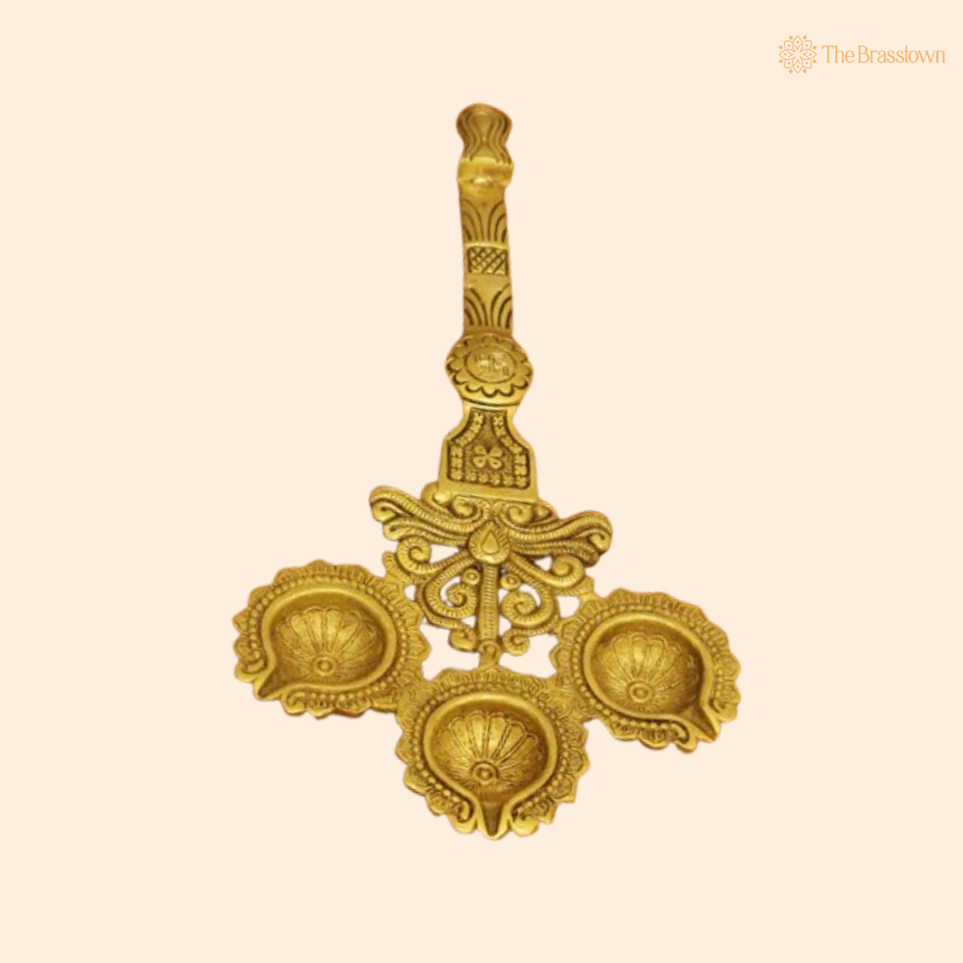Handcrafted Brass Triple Diya Holder 12.5 Inch