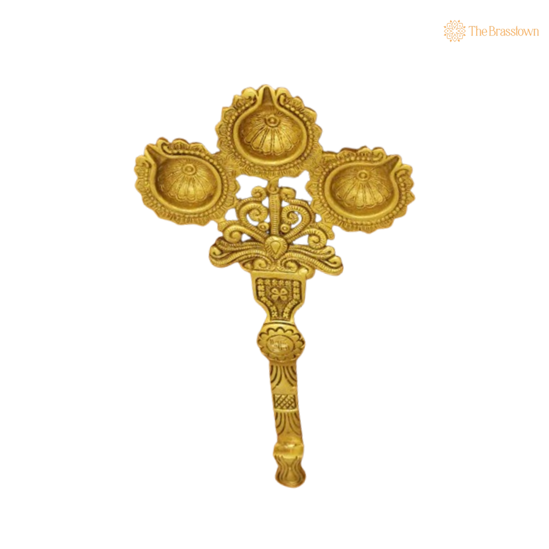 Handcrafted Brass Triple Diya Holder 12.5 Inch