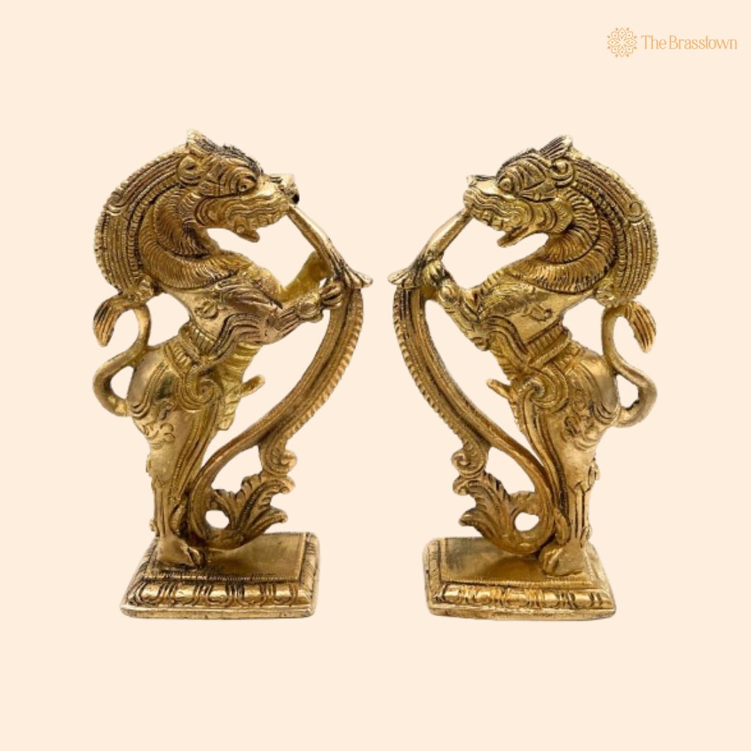 Handcrafted Brass Yali Pair Statues 5 Inch