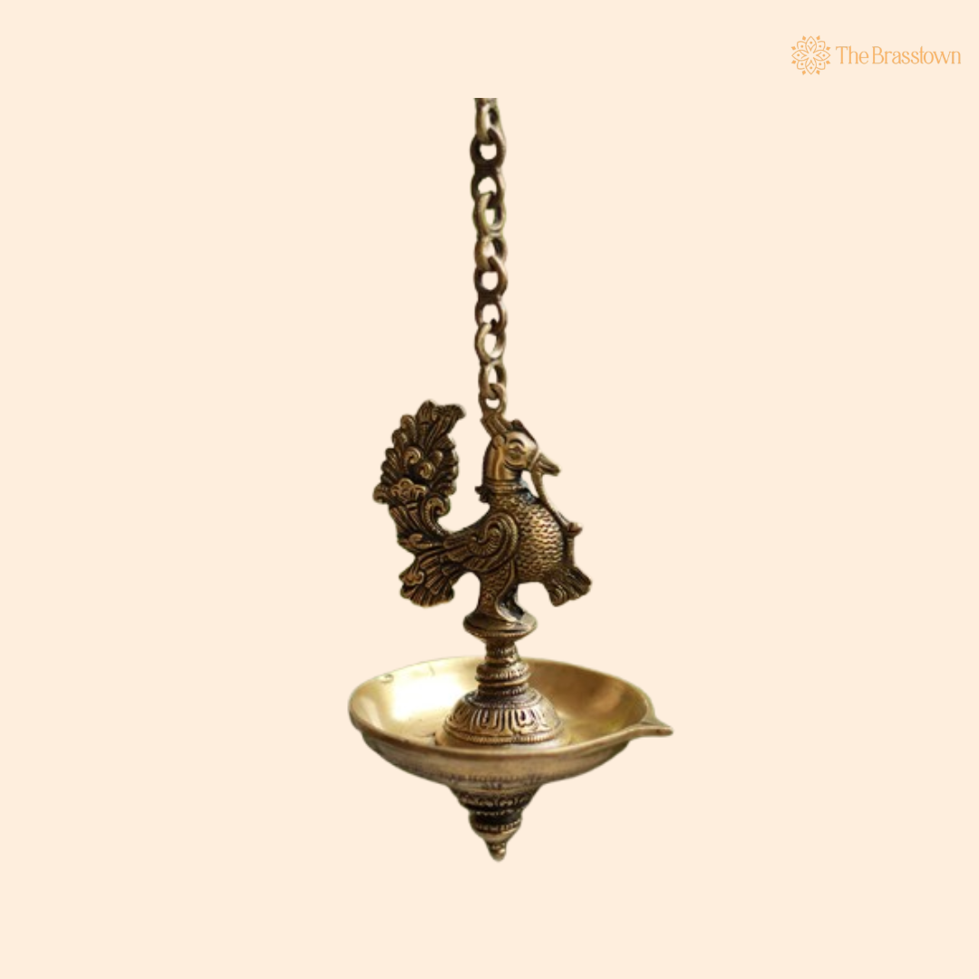 Hanging Brass Peacock Diya Lamp 9 Inch