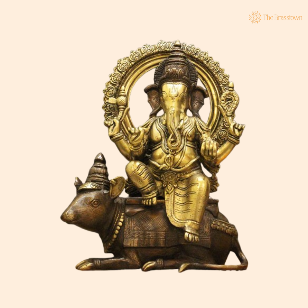 Lord Ganesha Seated on Mouse Brass Sculpture 16 Inch