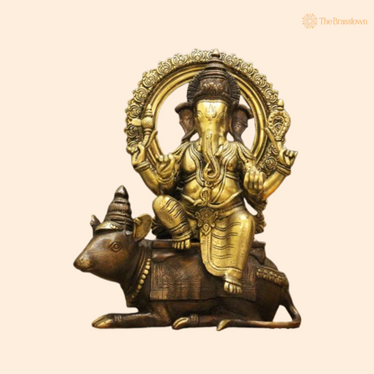 Lord Ganesha Seated on Mouse Brass Sculpture 16 Inch