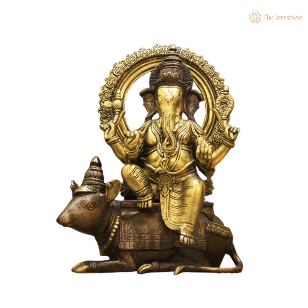 Lord Ganesha Seated on Mouse Brass Sculpture 16 Inch