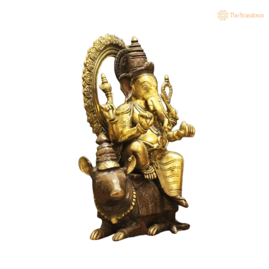 Lord Ganesha Seated on Mouse Brass Sculpture 16 Inch