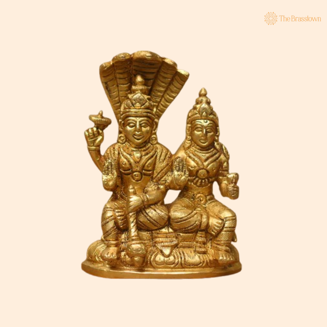 Lord Vishnu and Goddess Lakshmi Brass Idol 5.5 Inch