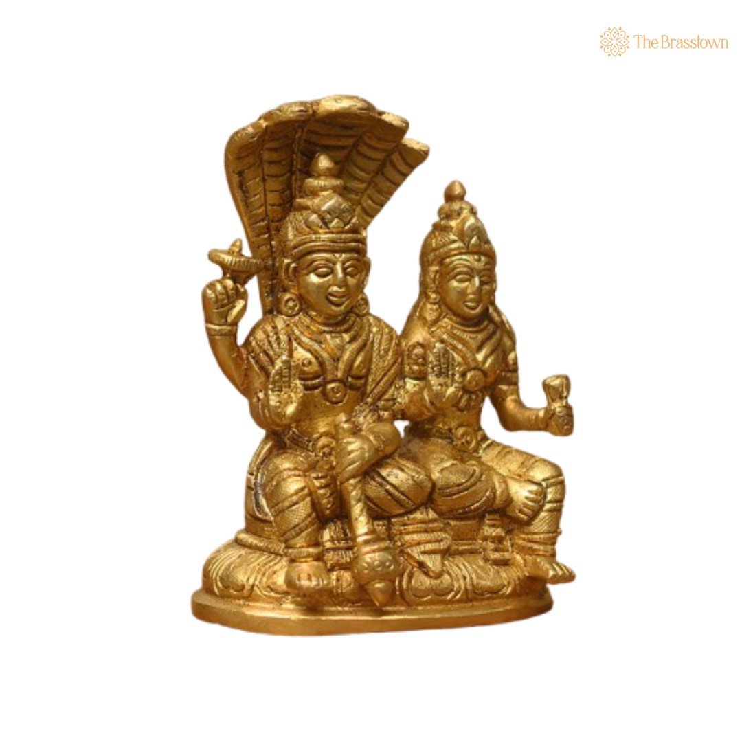 Lord Vishnu and Goddess Lakshmi Brass Idol 5.5 Inch