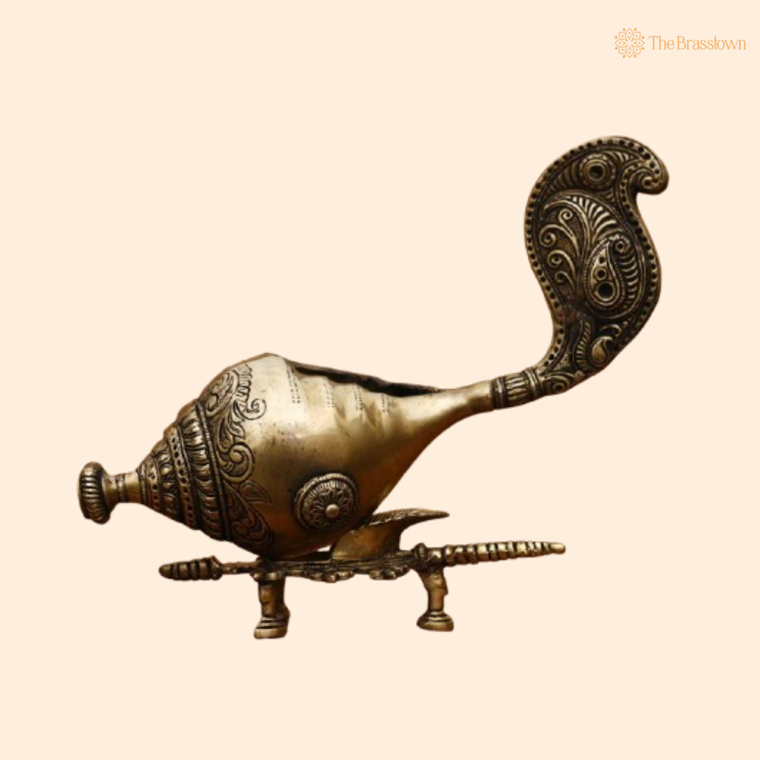 Ornate Brass Conch on Stand - A Blend of Elegance and Spirituality 7 Inch