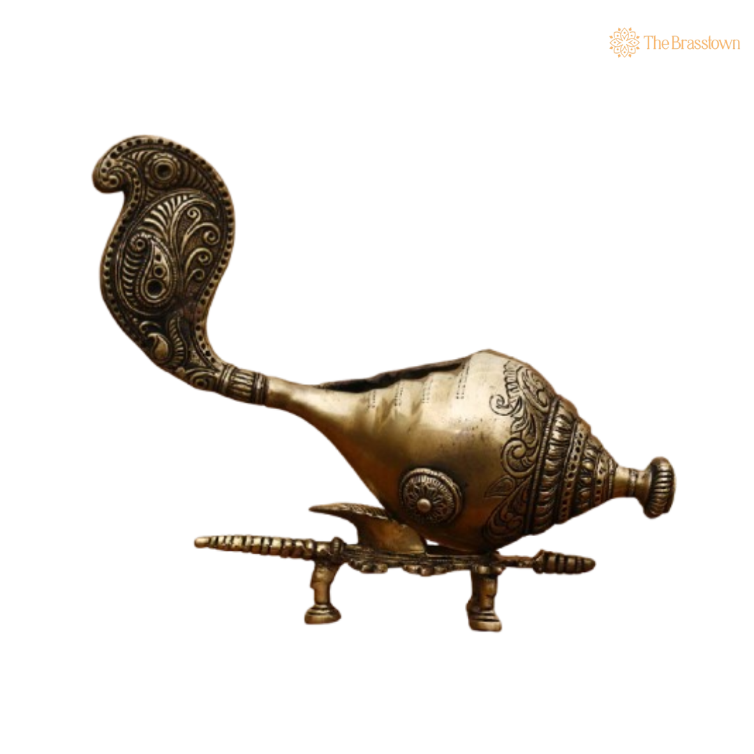 Ornate Brass Conch on Stand - A Blend of Elegance and Spirituality 7 Inch